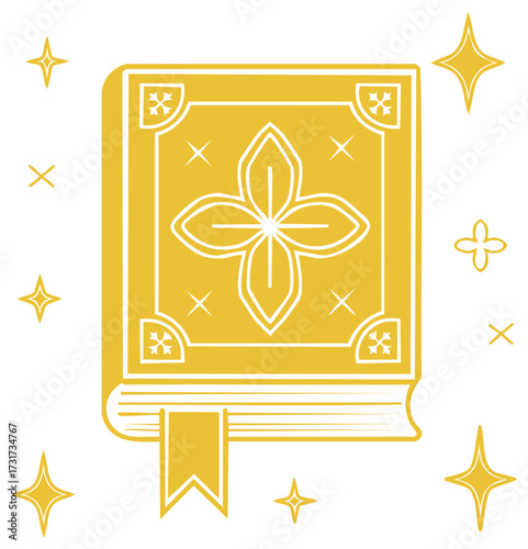 Mystical Book with Floral Design and Sparkling Stars, Fantasy Novel, Magic Spell, Golden