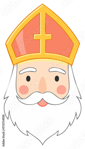 Friendly cartoon saint character head wearing a miter hat with a cross and long white beard
