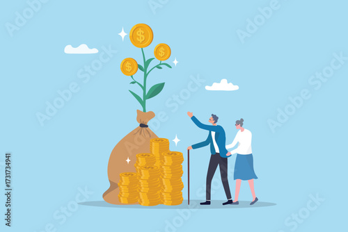 Retirement pension fund, investment and saving for retirement, 401k planning growth or financial earning, prosperity growing money, elderly senior couple with growing plant money pension fund.