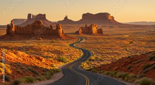 Winding asphalt road through desert landscape with majestic rock formations under golden sunlight