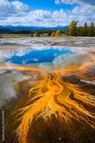 Grand prismatic spring yellowstone national park with blue sky and cloud reflections