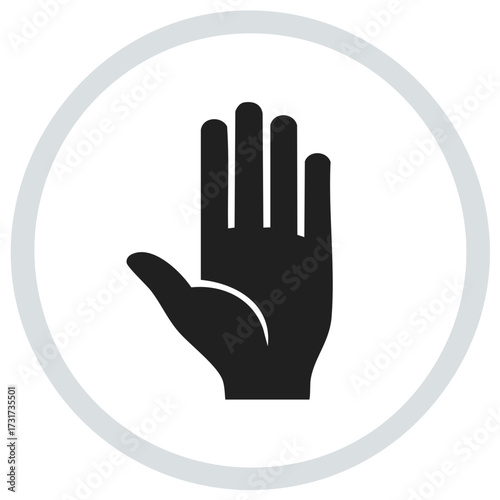 Black hand icon with four fingers raised inside a gray circle symbolizing stop or warning