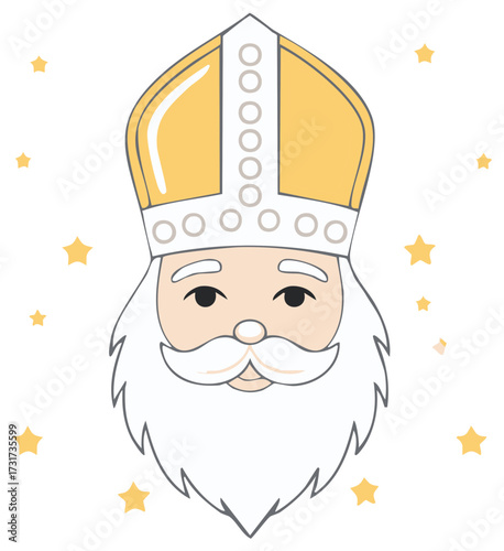 Whimsical Sinterklaas Illustration with Golden Mitre and Starry Accents for Dutch Holiday Celebration