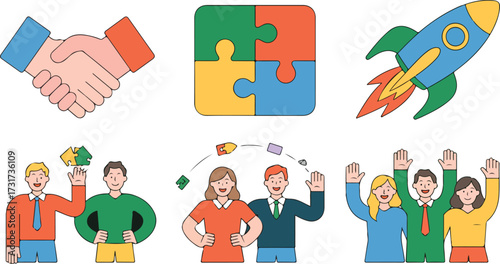 Business teamwork collaboration with puzzle pieces and rocket