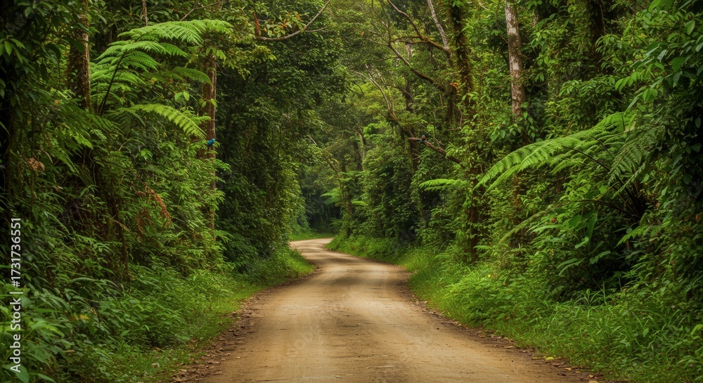 Fototapeta premium Winding dirt road through dense lush forest with green foliage and sunlight nature scene