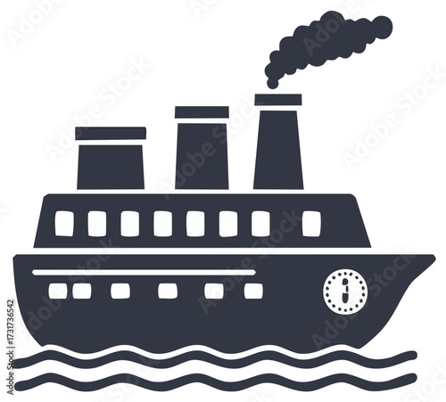 Steamship Vector Illustration.  Ship Silhouette on Water with Smoke. Nautical Transport Vessel