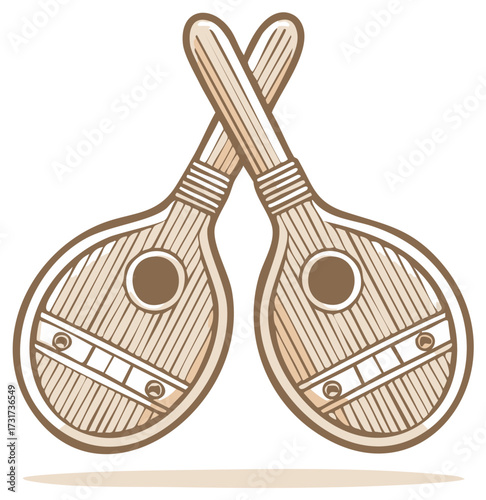 Two crossed wooden stringed musical instruments with round sound holes and patterned bodies