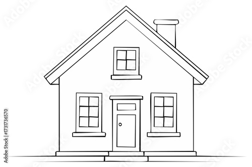 Cozy Single Story House Outline with Chimney and Windows for Coloring Pages and Architectural Designs