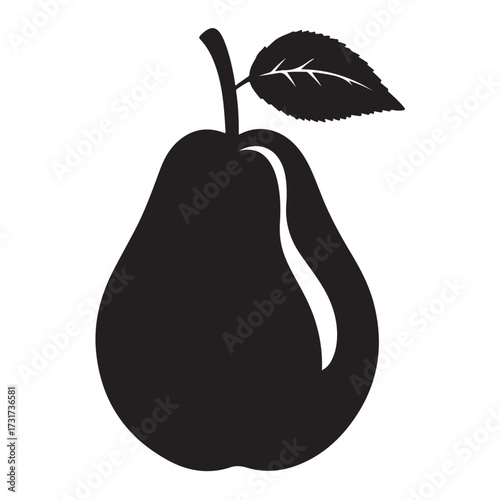 Black and white pear silhouette with leaf against white background 