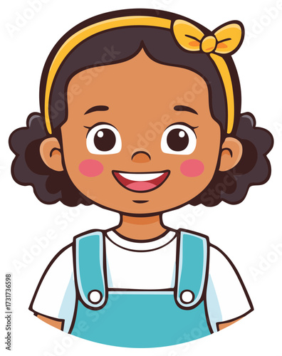 Portrait of a happy cartoon girl smiling wearing a yellow headband and blue overalls