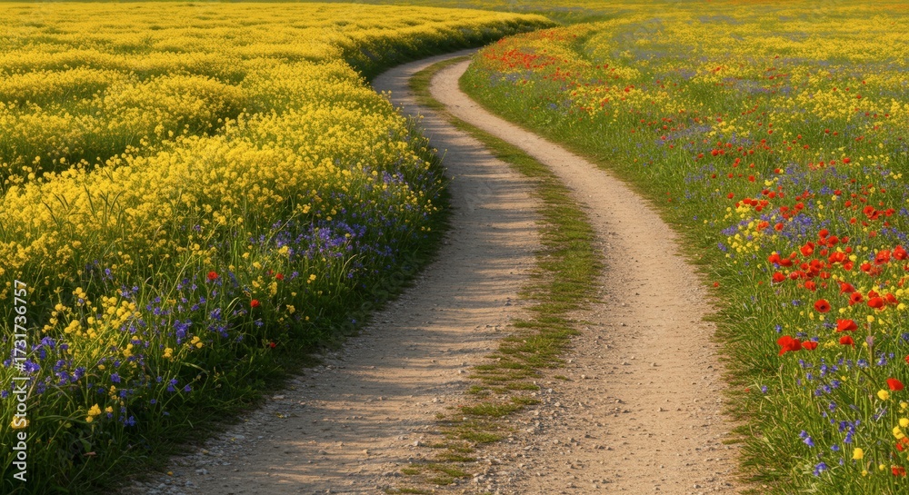 Naklejka premium Winding dirt road through vibrant wildflower field in summer sunlight offering scenic rural landscape views