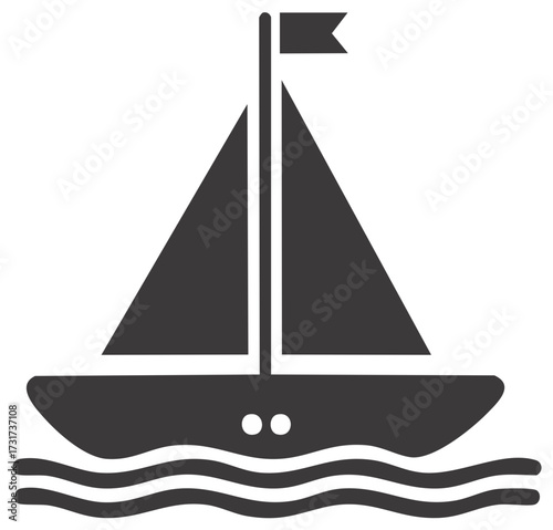 Simple Icon Illustration of a Sailing Boat on Water with Flag on Mast, Nautical Vessel, Boat Silhouette