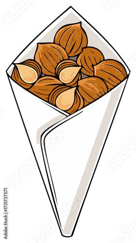 Cartoon illustration of roasted chestnuts in a paper cone a traditional autumn winter street food snack.