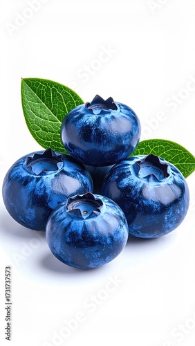 Fresh blueberries clustered, vibrant blue, green leaves, white background