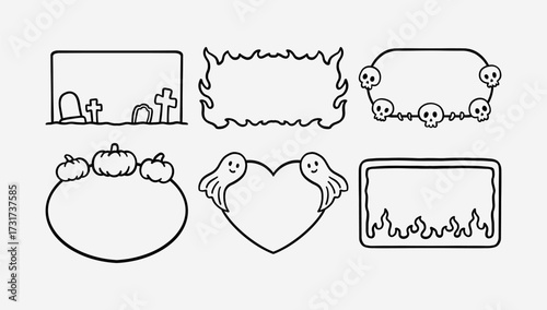 Halloween frames with pumpkins, ghosts, skulls, fire, graveyard in doodle outline. Spooky rectangular and heart borders for party invitation decors. Halloween horror border for poster and flyer