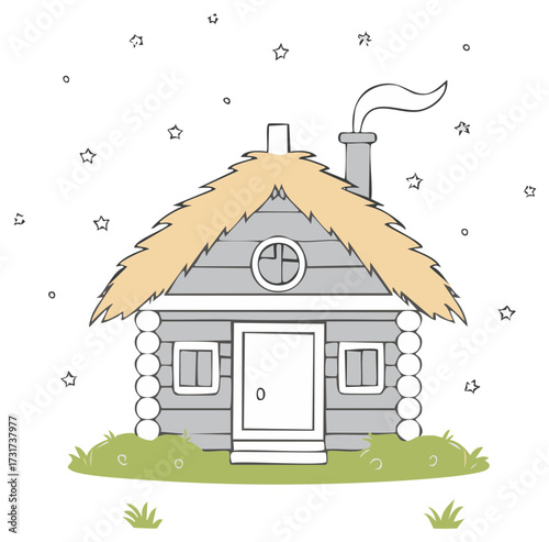 Cute cartoon log cabin with thatched roof and chimney smoke under stars whimsical fairytale illustration