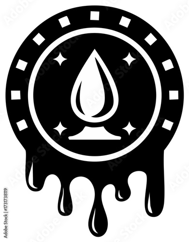 Bold Black and White Graphic of a Melting Game Token with Stylized Drop Icon