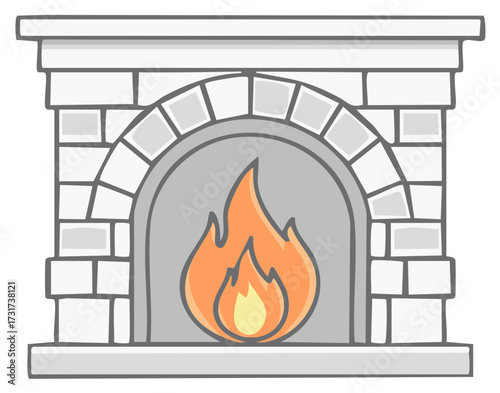 Cozy Cartoon Brick Fireplace With Burning Flames and Arched Opening