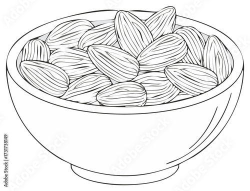 Black and white line art illustration of a bowl full of whole almond nuts