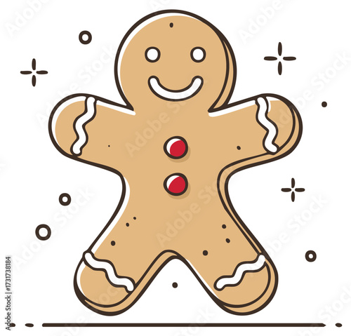 Delicious gingerbread man cookie smiling with festive white icing and red candy buttons a happy winter treat