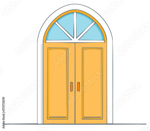 Arched Double Door Illustration of an entrance to a building with an ornate window