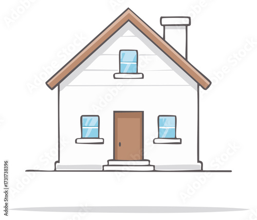 Simple cartoon drawing of a white house with a brown roof and door, featuring blue windows and a chimney