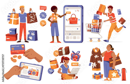 Modern Flat Illustrations Set of Consumerism and Online Shopping Habits