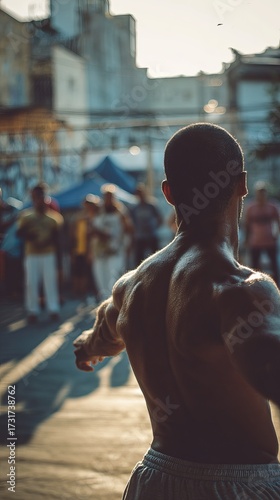 Man performing Capoeira, urban setting