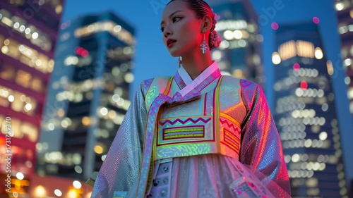 Contemporary hanbok with metallic fabrics and geometric patterns, neon-lit cityscape in background