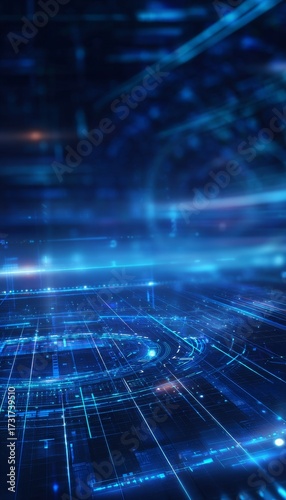 Futuristic digital technology background with blue grids, data streams, and geometric patterns
