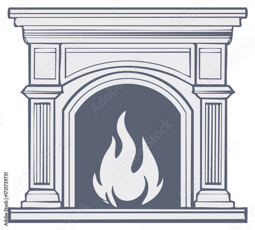 Stylized classical fireplace with glowing fire illustration