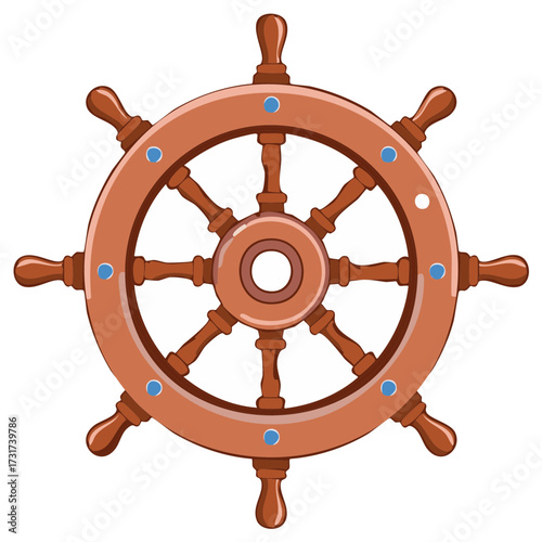 Cartoon wooden ship wheel helm for nautical navigation and sailing