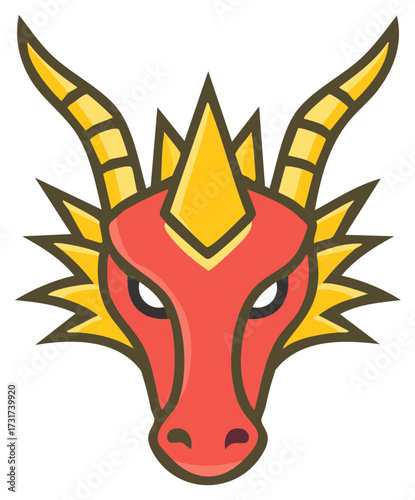 Cartoon Dragon Head Illustration in Red and Yellow Colors, Simple Icon