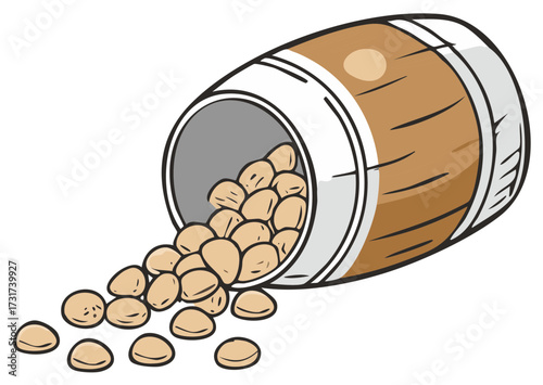 Tipped over barrel spilling beige lozenges vector illustration medicine health supplements vitamins