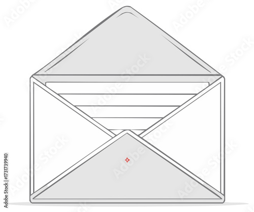 Open gray envelope with papers inside, vector illustration, correspondence concept