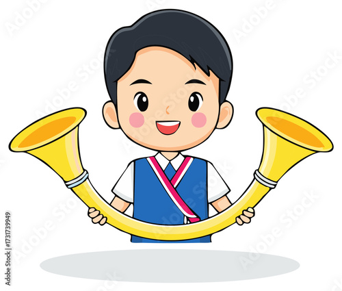 Cartoon Boy Holding Twin Horns Smiles Cheerfully School Parade Celebration