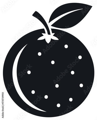 Stylized Orange Fruit Icon with Leaf and Stem in Silhouette