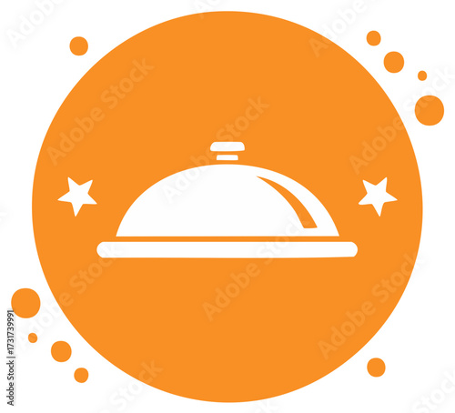 Serving Dish Icon with Circle Background and Stars, Restaurant Service Symbol