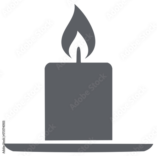 Simple grey burning candle icon silhouette. Lit candle with flame on a holder vector graphic design element.