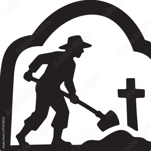 Halloween Grave Digger Shirt: Gothic Black White Cemetery Work Apparel Design.