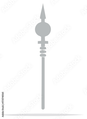 Upright gray spear staff symbol with decorative finial simple graphic design element