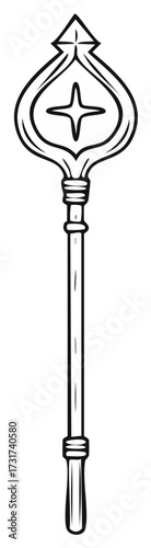 Black and white illustration of a stylized staff or scepter with a star