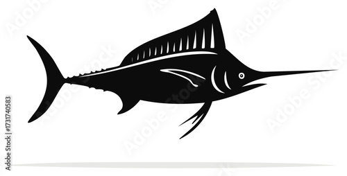 Black silhouette of a marlin fish with a long beak, white background