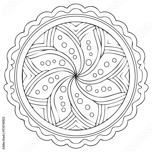 Circular Mandala Coloring Page, Geometric Pattern, Round Ornament with Floral Shape Elements