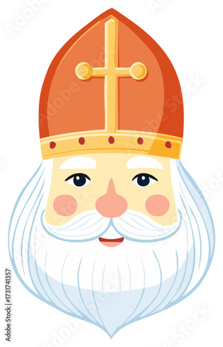 Cartoon Saint Nicholas with Mitre and Long White Beard Festive Character Portrait