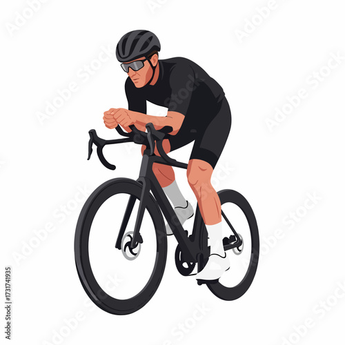 Male cyclist in black aerodynamic gear riding a modern road bicycle, isolated on a white background.