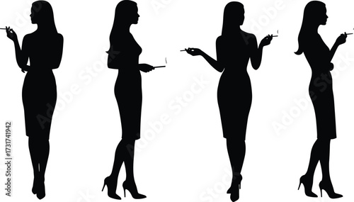Silhouette illustration of elegant woman smoking cigarette, stylish female figure, fashion pose, business lady, vector art, lifestyle concept design.