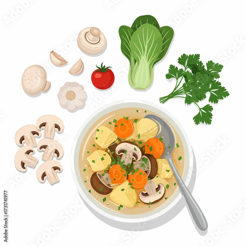 A delicious bowl of mushroom and vegetable soup, garnished with parsley, surrounded by fresh ingredients like mushrooms, garlic, tomato, and bok choy.