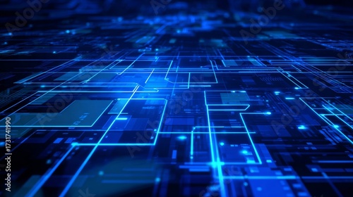 Futuristic circuit board design with glowing blue lines and abstract electronic components