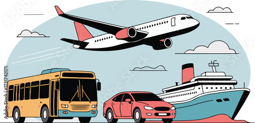 Airplane bus car ship transportation mode travel